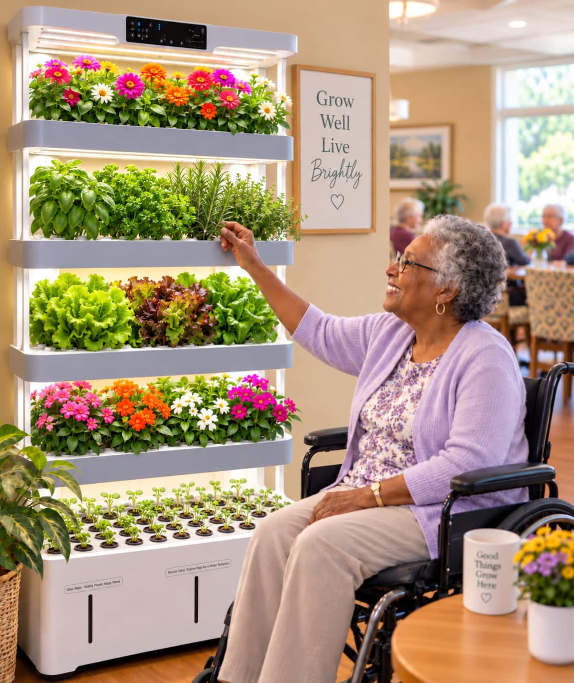 Resident interacting with the BlümWell indoor garden