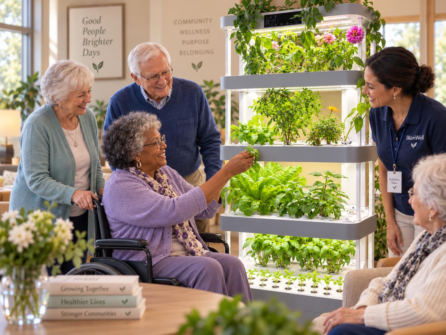 Senior living resident in a wheelchair participating with the BlümWell indoor garden while staff and residents engage nearby